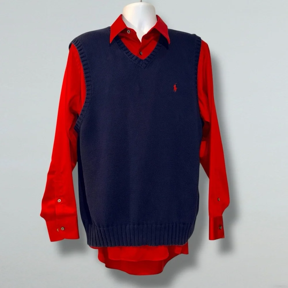 ⭐ POLO RALPH LAUREN 100% Cotton Knit Sweater Vest – Navy Blue, Red Pony –Size XL - Picture 14 of 16